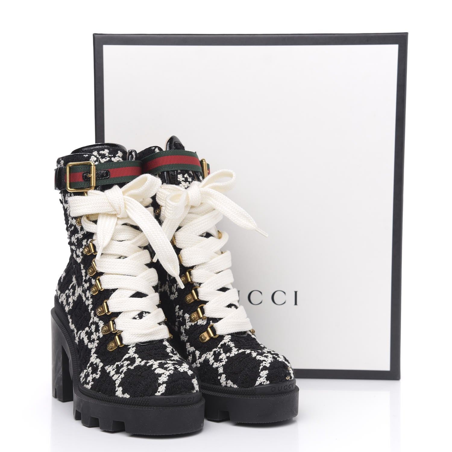 Gucci Tweed GG Monogram Lace Up Combat Ankle Boots 36.5 Black 8 of 8