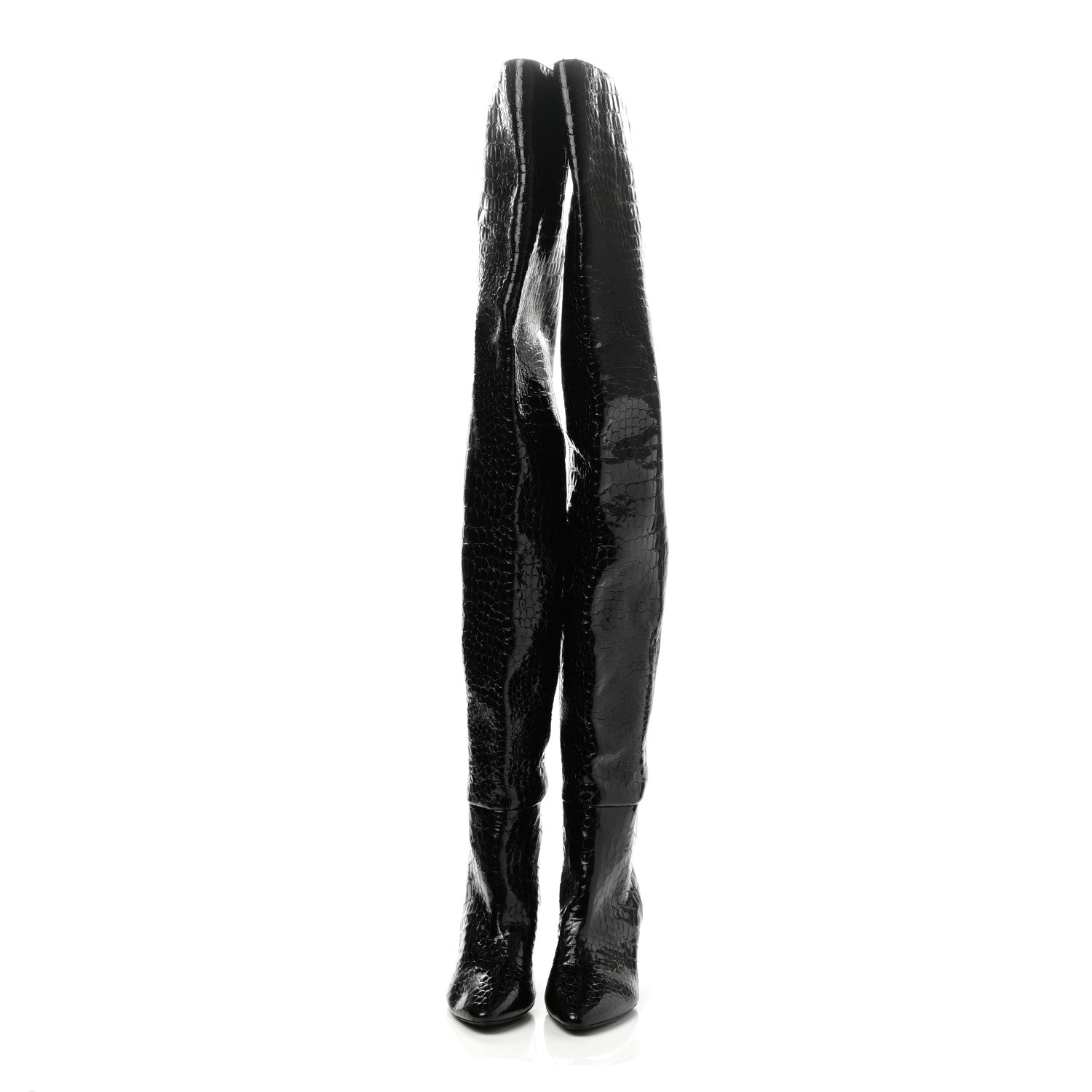 Saint Laurent Calfskin Crocodile Embossed Kim Thigh High Boots 39 Black 2 of 7