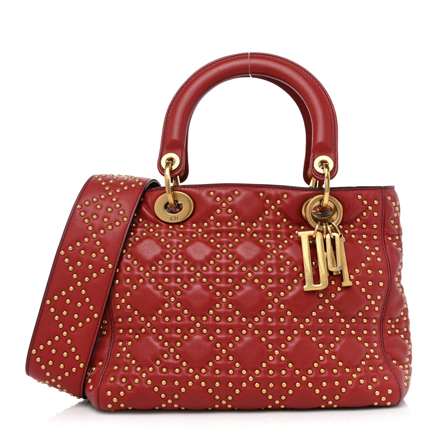 Christian Dior Calfskin Cannage Studded Medium Supple Lady Dior Red 1 of 15