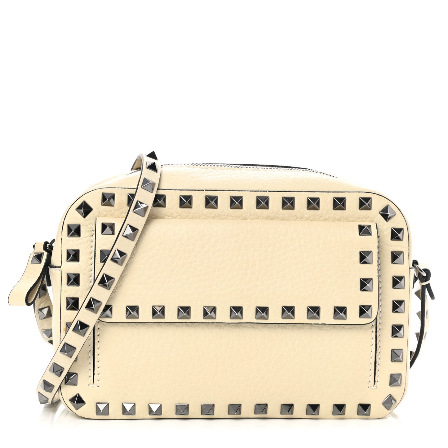 Grained Calfskin Small Rockstud Flap Pocket Camera Crossbody Bag Ivory