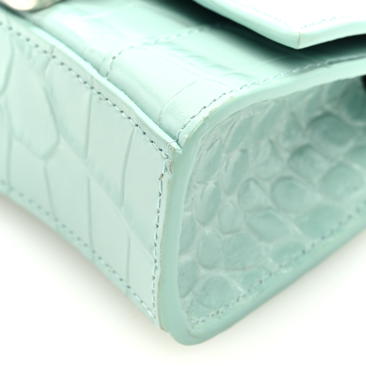 Balenciaga Shiny Calfskin Crocodile Embossed Hourglass Top Handle Bag Mini with Chain Green Acqua 8 of 8