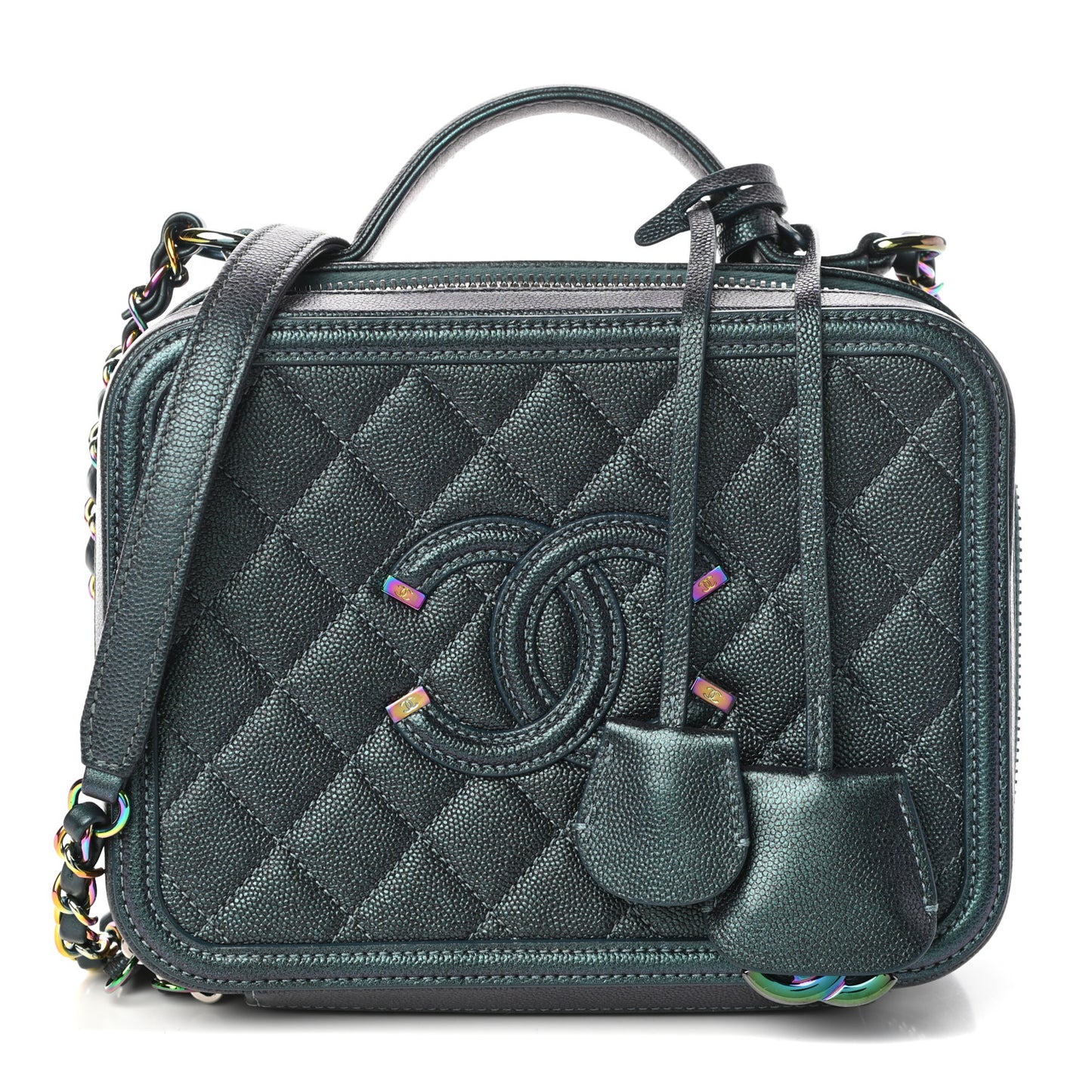 Iridescent Caviar Quilted Medium CC Filigree Vanity Case Dark Turquoise