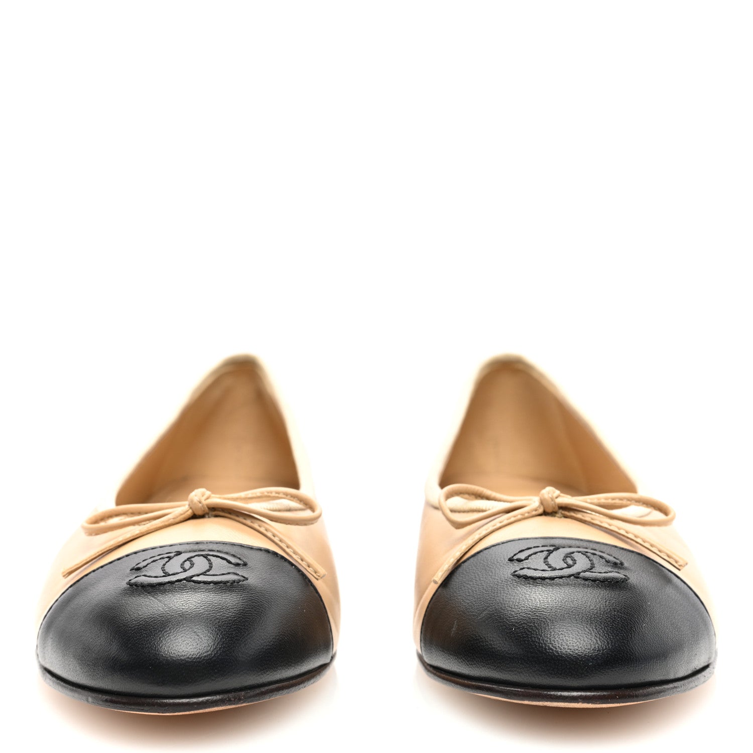 Chanel Lambskin Cap Toe CC Ballerina Flats 38.5 Beige Black 3 of 8