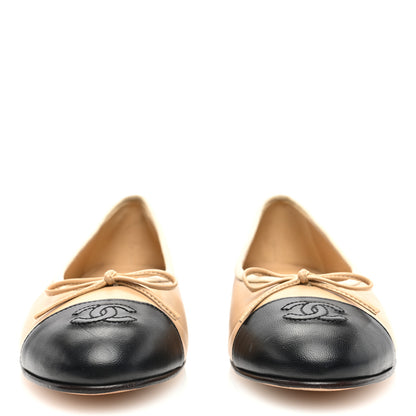 Chanel Lambskin Cap Toe CC Ballerina Flats 38.5 Beige Black 3 of 8