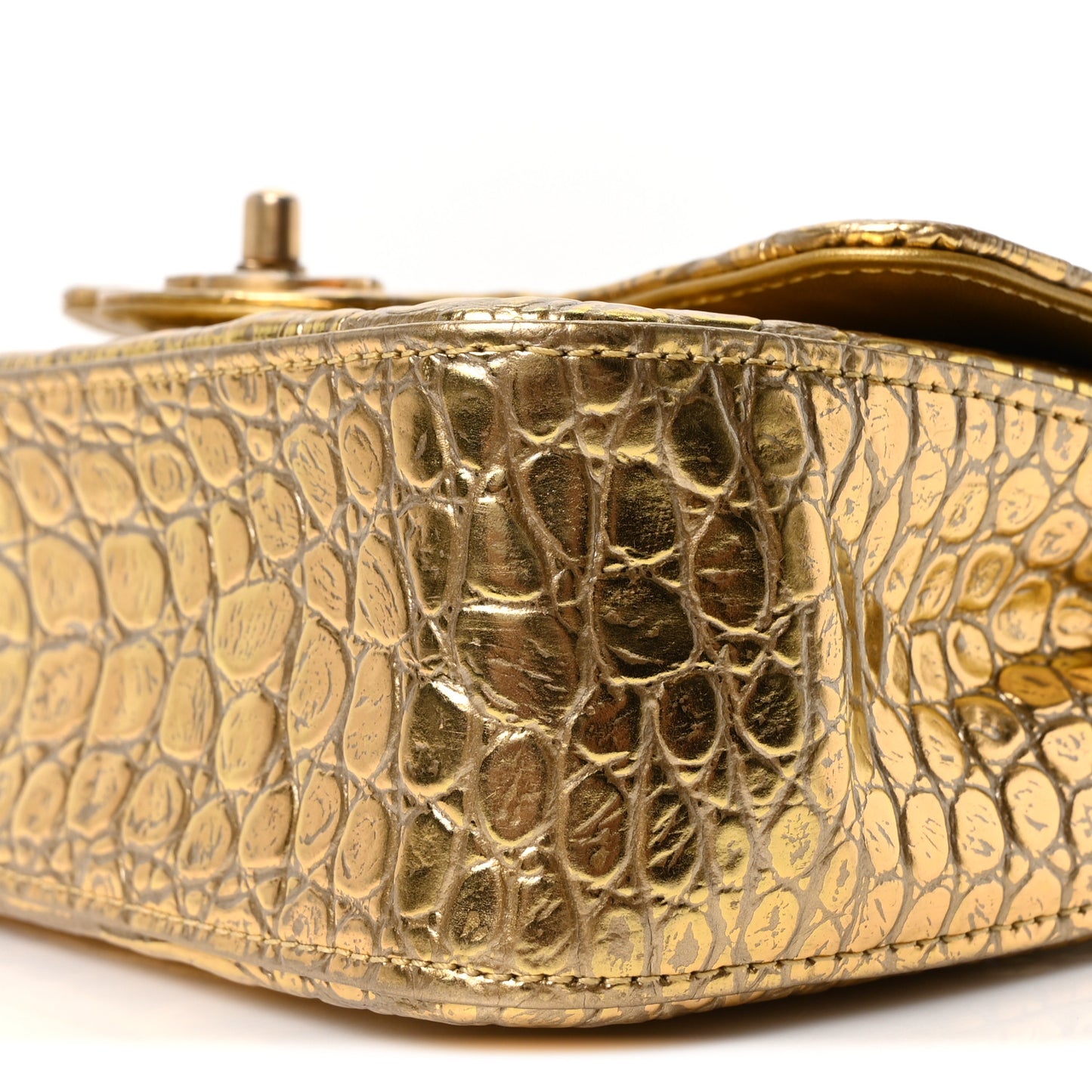 Metallic Calfskin Crocodile Embossed Cocodile Rectangular Mini Flap Gold