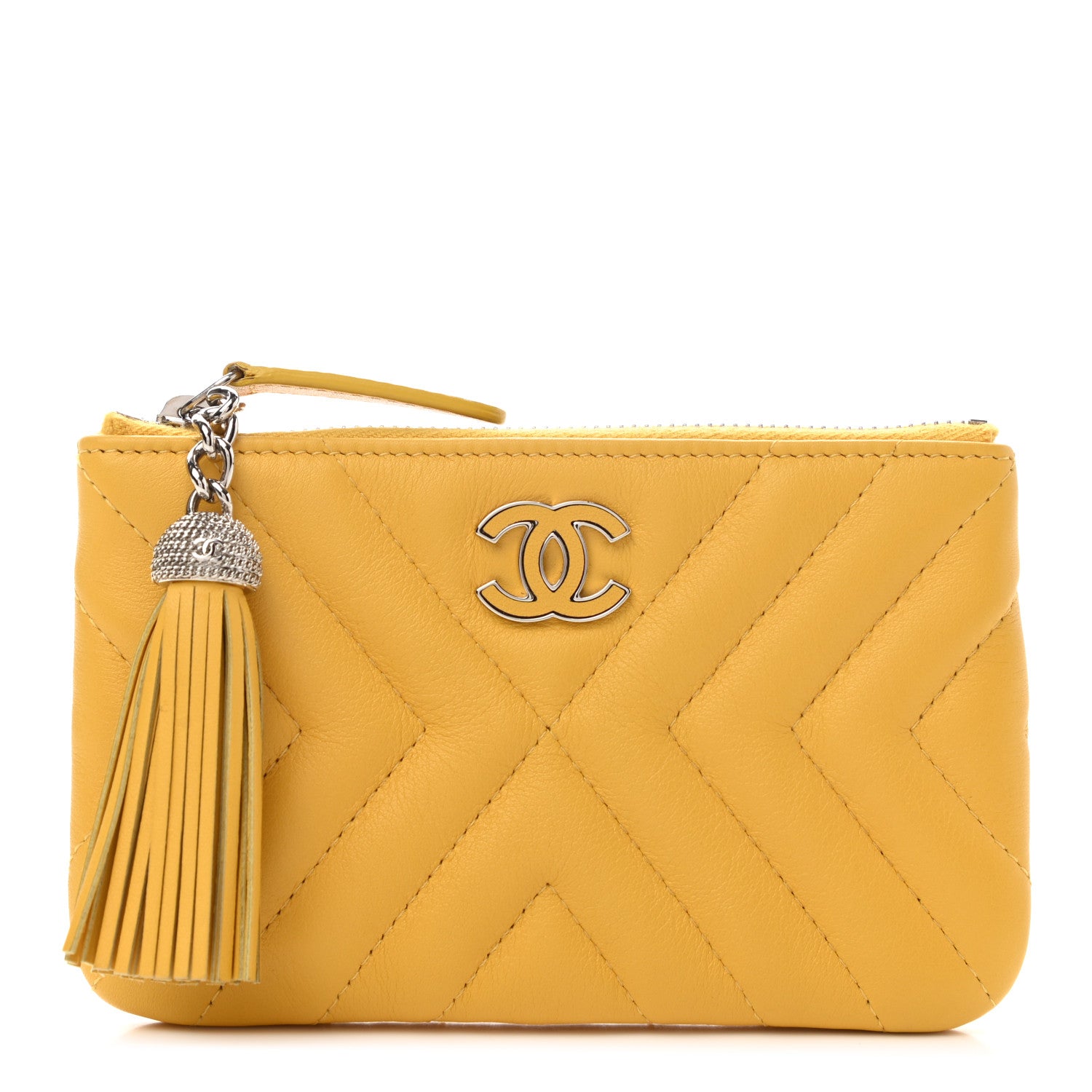 Chanel Calfskin Chevron Quilted Tassel Small Cosmetic Case Yellow 1 of 7