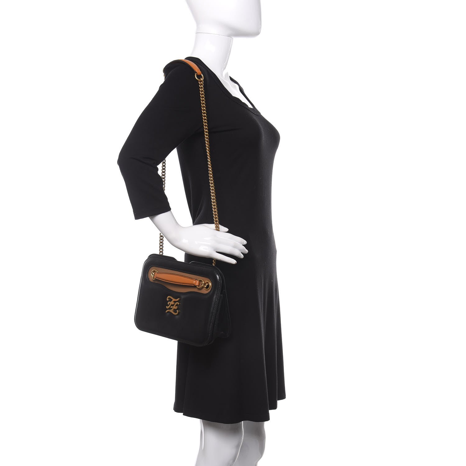 Fendi Vitello Glacier Karligraphy Pocket Shoulder Bag Black Gingerbread 3 of 11