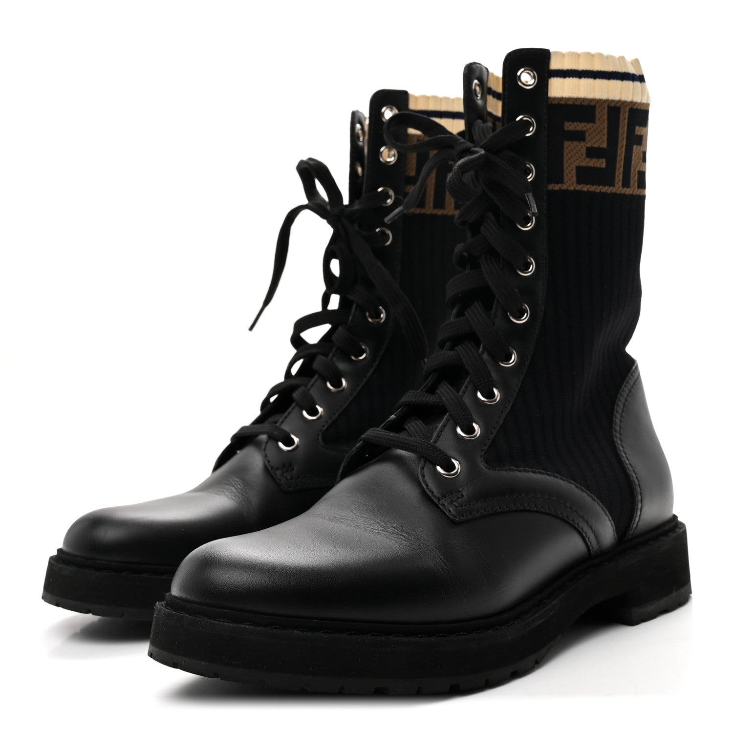 Fendi Calfskin Stretch Fabric Rockoko Biker Boots 37 Tobacco Black Marino 4 of 8