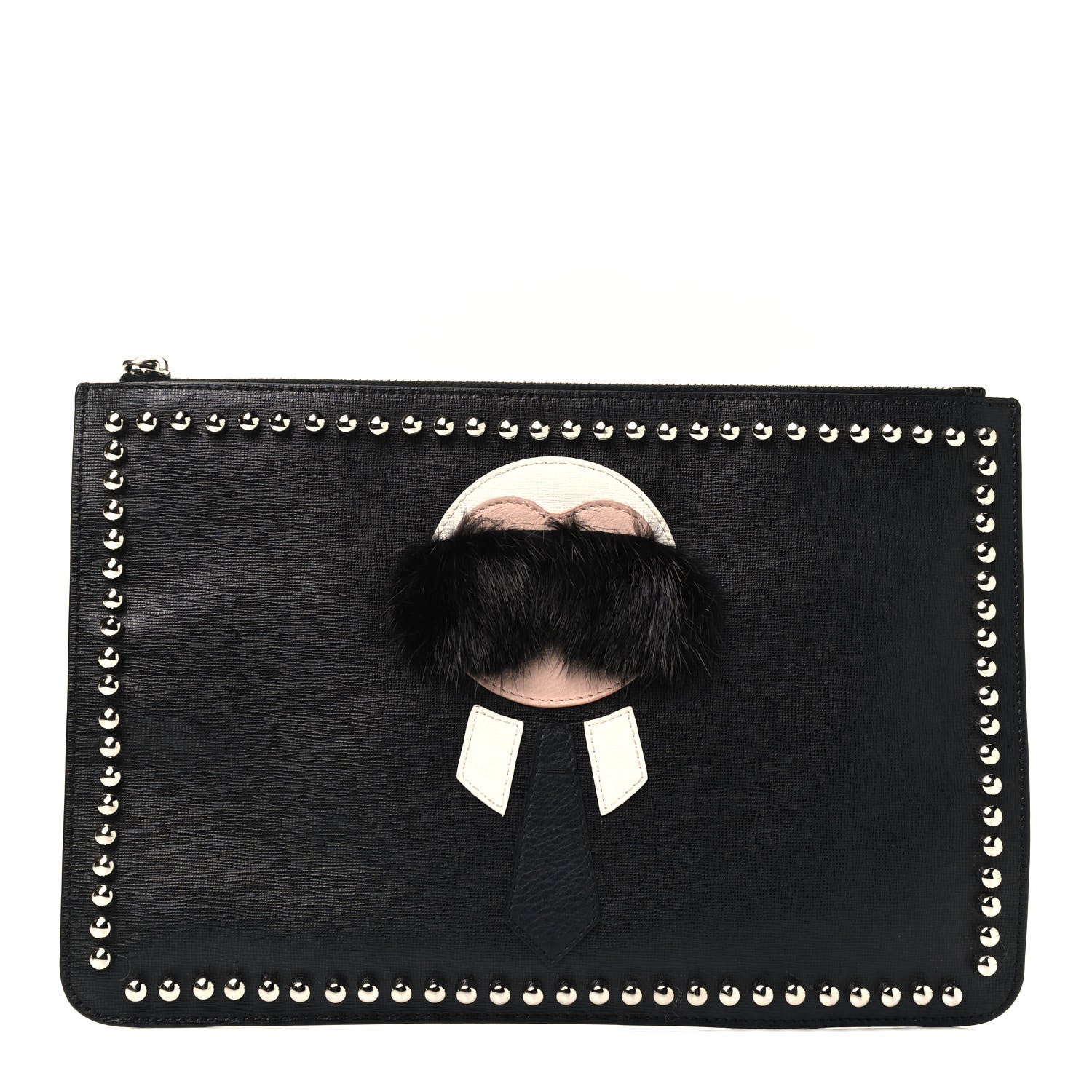 Fendi Vitello Elite Flamingo Mink Karlito Studded Pouch Black White Plaster 1 of 4