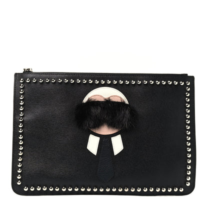 Fendi Vitello Elite Flamingo Mink Karlito Studded Pouch Black White Plaster 1 of 4