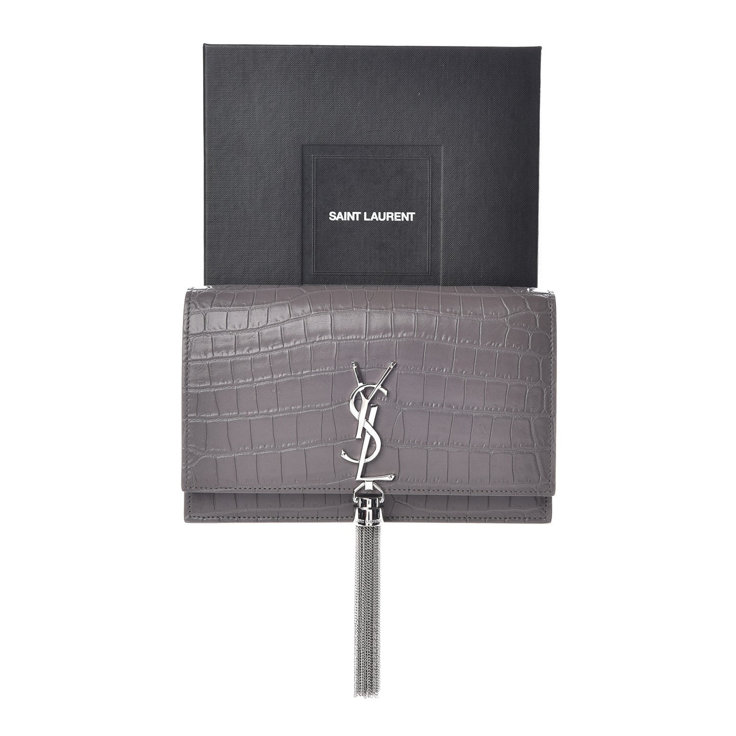Calfskin Crocodile Embossed Kate Monogram Tassel Chain Wallet Fog