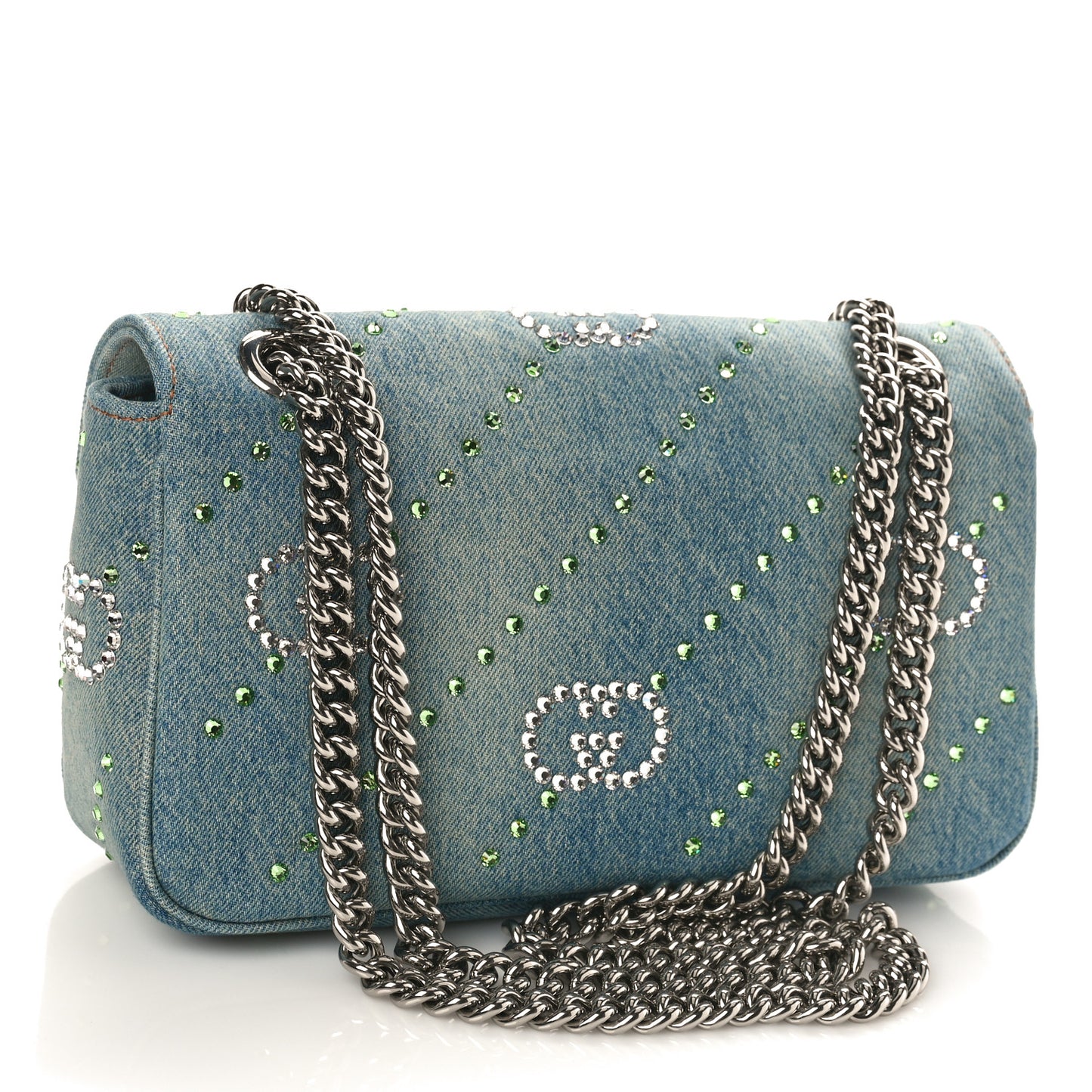Denim Crystal Applique Small GG Marmont Shoulder Bag Blue