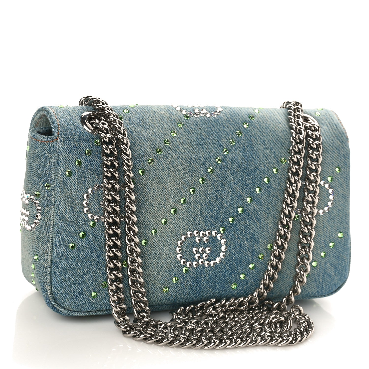 Gucci Denim Crystal Applique Small GG Marmont Shoulder Bag Blue 2 of 8