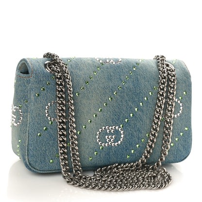 Gucci Denim Crystal Applique Small GG Marmont Shoulder Bag Blue 2 of 8