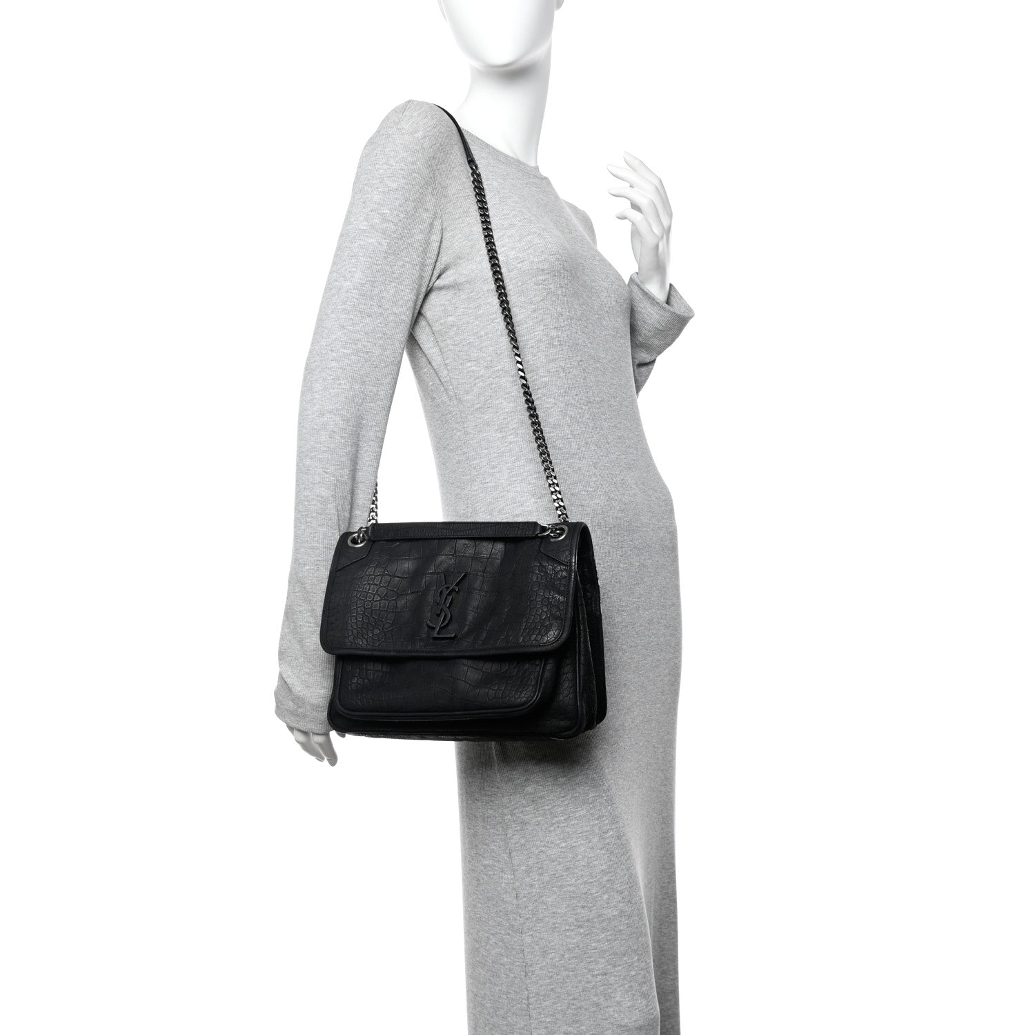 Saint Laurent Nubuck Crocodile Embossed Monogram Medium Niki Chain Satchel Black 2 of 10