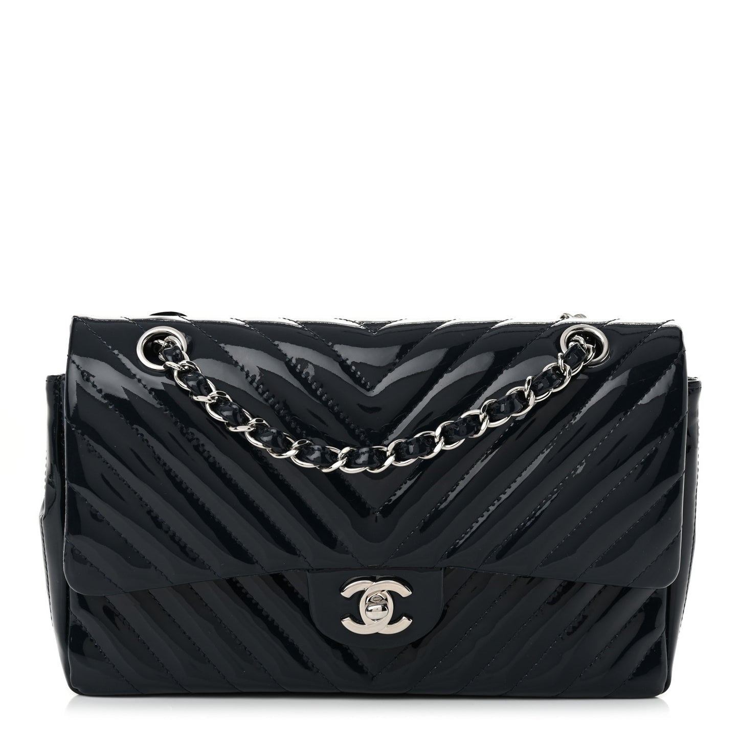 Patent Chevron Quilted Medium Double Flap Navy