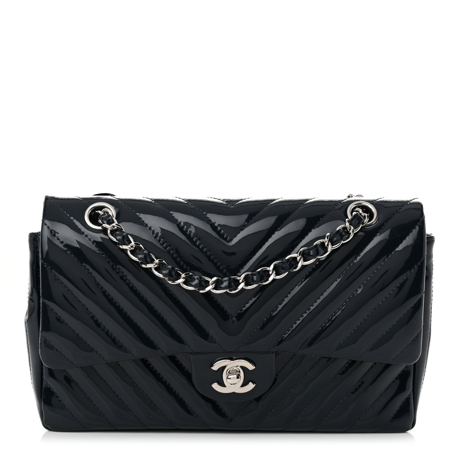 Chanel Patent Chevron Quilted Medium Double Flap Navy 1 of 12