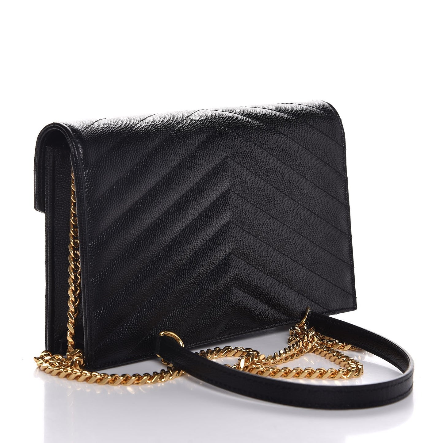 Grain De Poudre Matelasse Chevron Monogram Envelope Chain Wallet Black