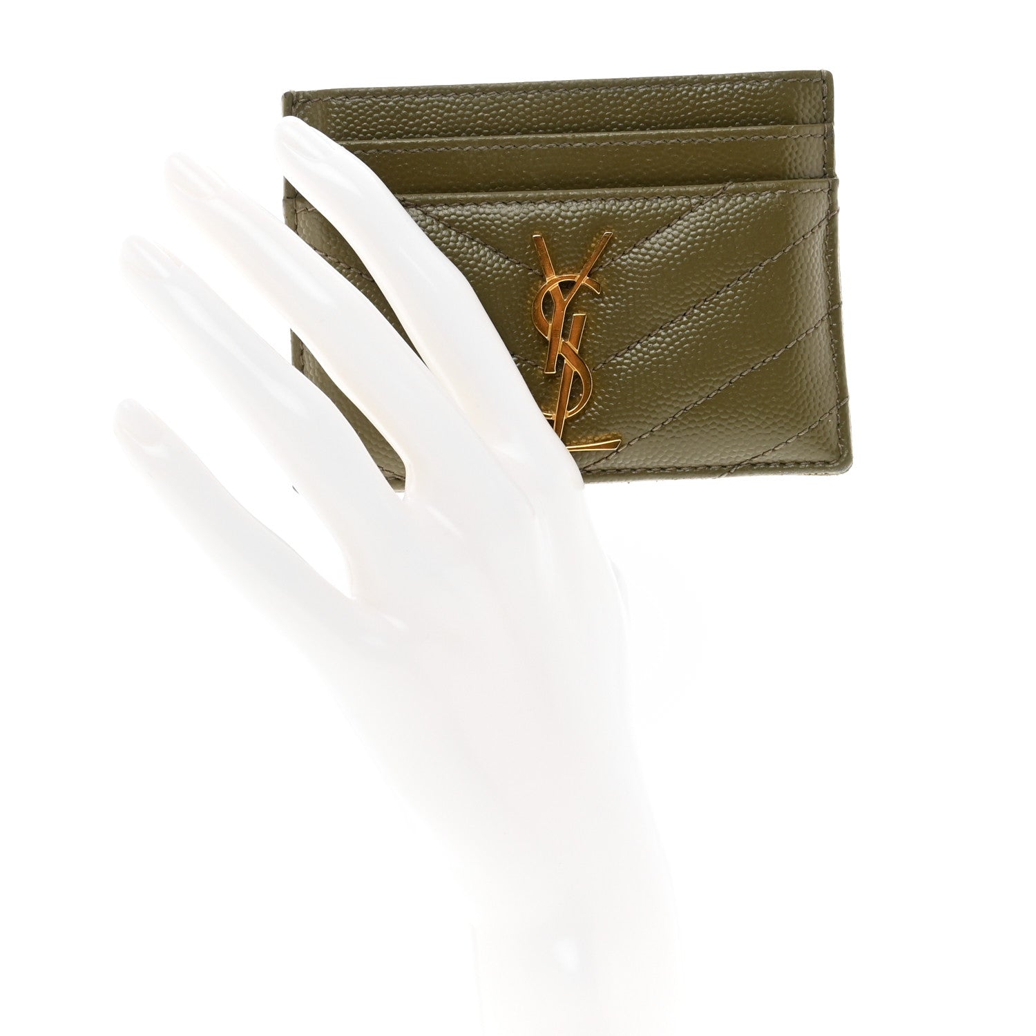 Saint Laurent Grain De Poudre Matelasse Chevron Monogram Credit Card Case Vert Kaki 2 of 7