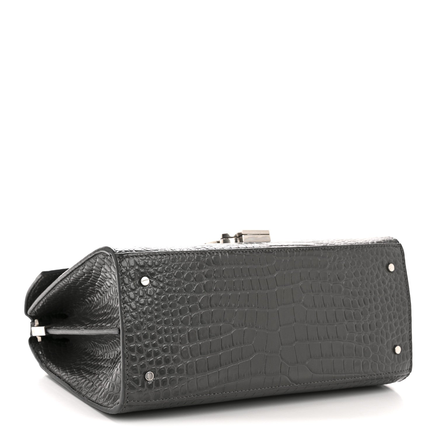 Saint Laurent Calfskin Crocodile Embossed Medium Classic Monogram Cassandra Top Handle Fog 4 of 16