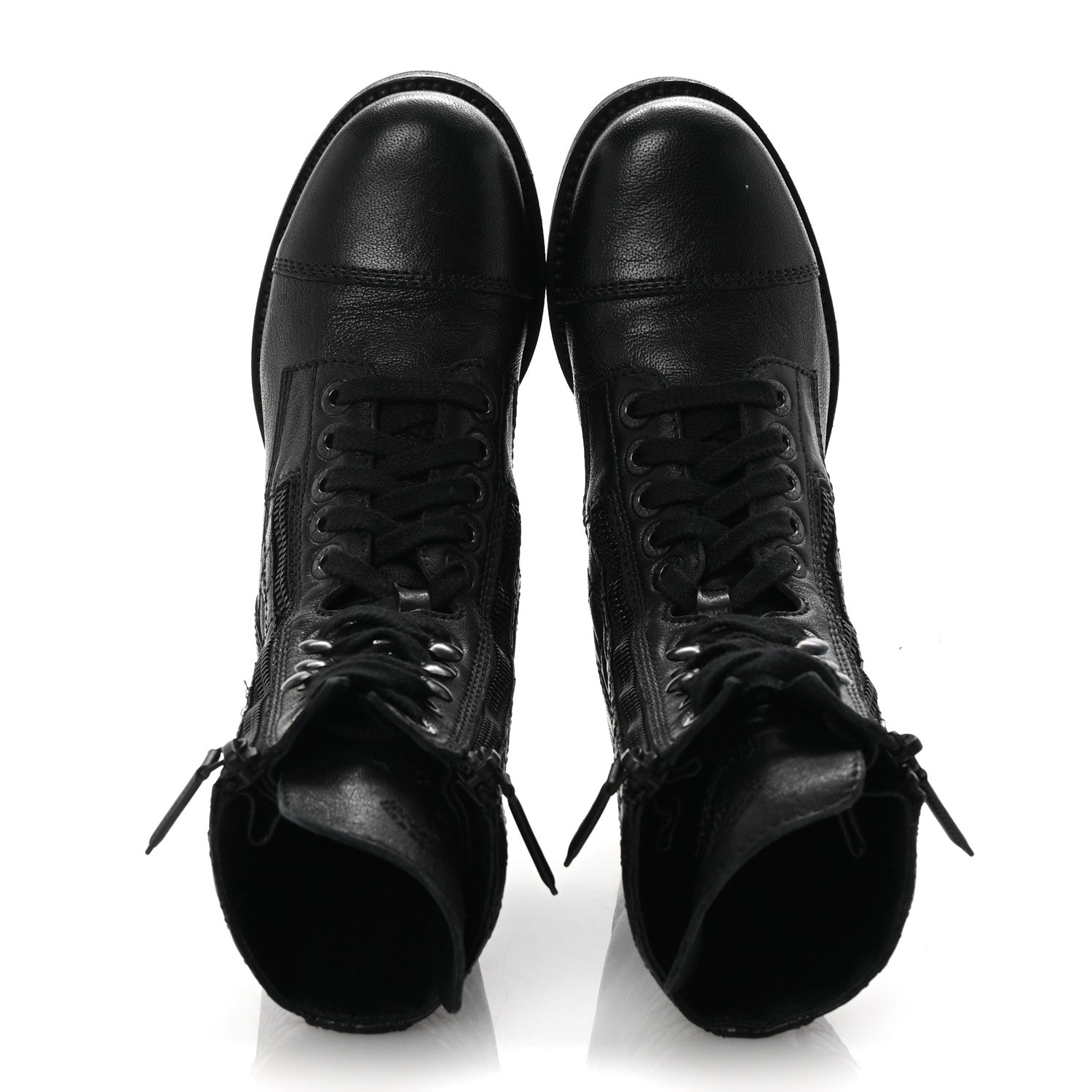 Chanel Sheepskin Quilted CC Tall Lace Up Combat Boots 35 Black 2 of 10