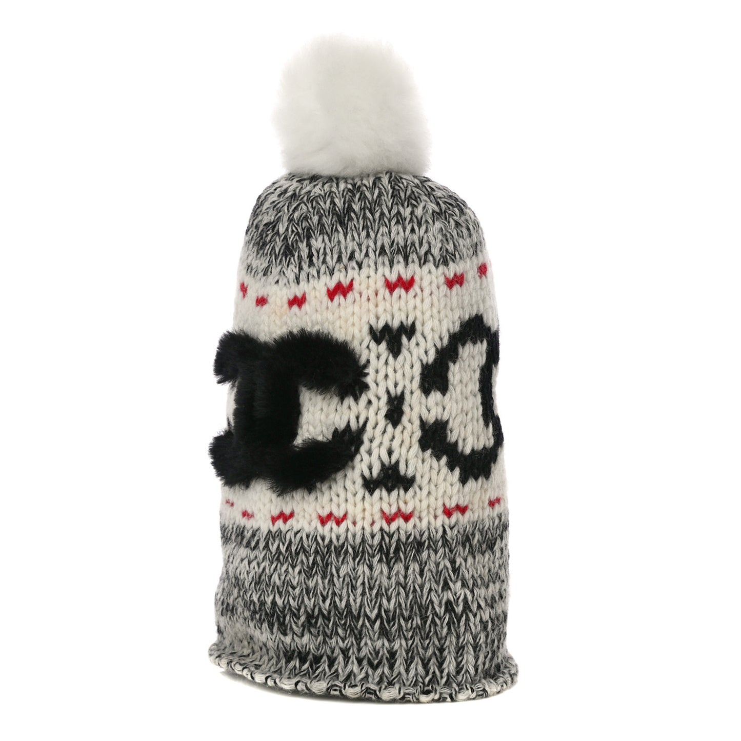 Wool Shearling CC Beanie Hat Ivory Black Red