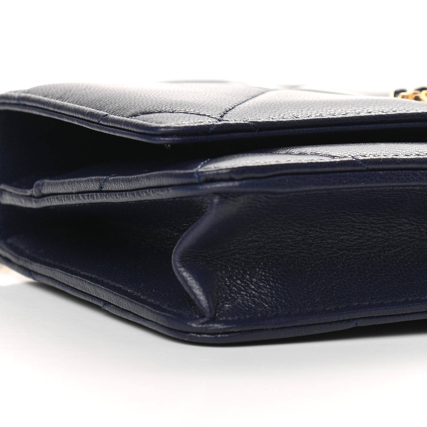 Shiny Goatskin Quilted Chanel 19 Wallet On Chain WOC Dark Blue