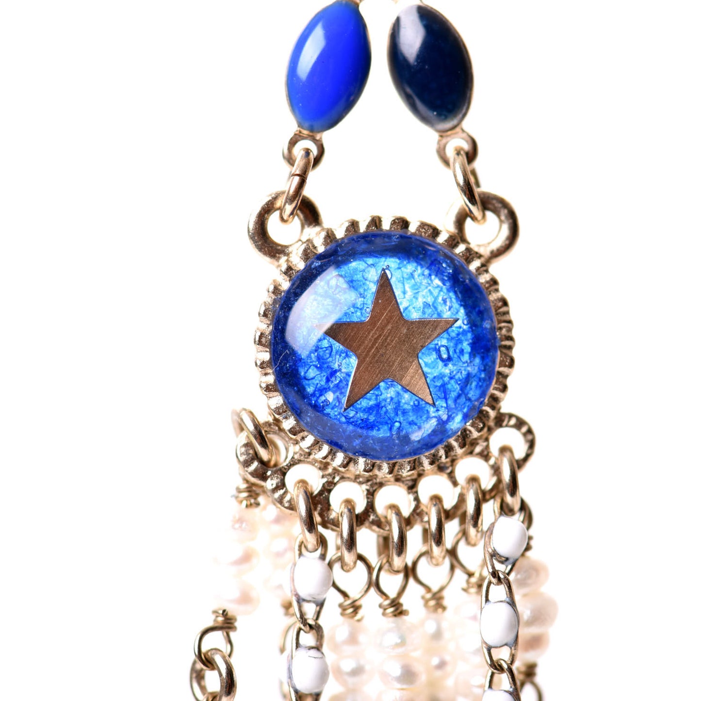 Enamel Beaded CC Dangle Earrings White Blue Gold