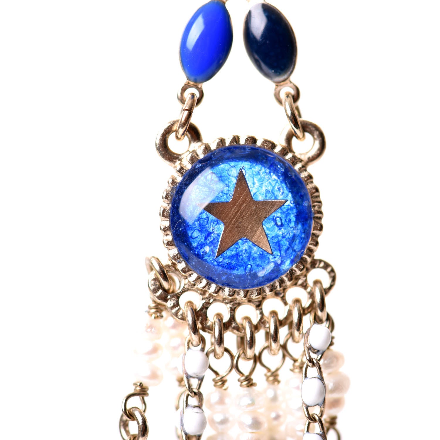 Chanel Enamel Beaded CC Dangle Earrings White Blue Gold 2 of 5