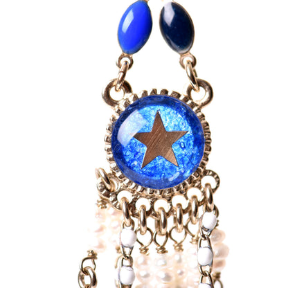 Chanel Enamel Beaded CC Dangle Earrings White Blue Gold 2 of 5