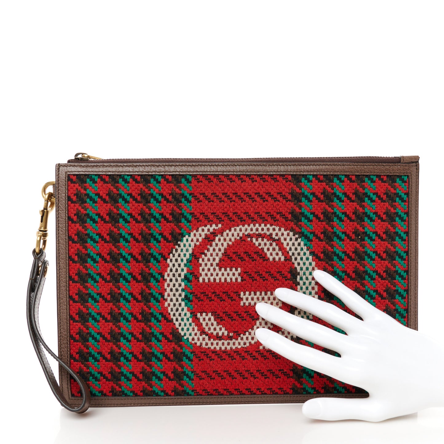 Cotton Wool Textured Calfskin Houndstooth Stripe Interlocking G Pouch Red Green Ivory Multicolor New Acero