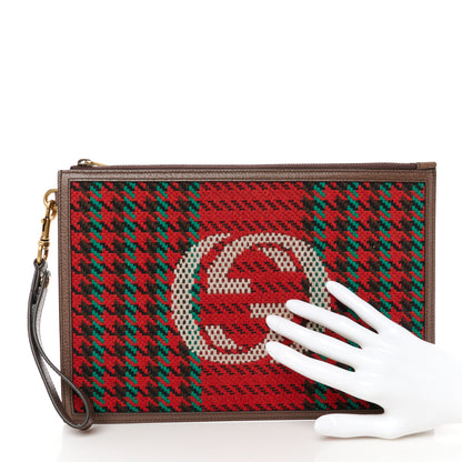 Gucci Cotton Wool Textured Calfskin Houndstooth Stripe Interlocking G Pouch Red Green Ivory Multicolor New Acero 2 of 9