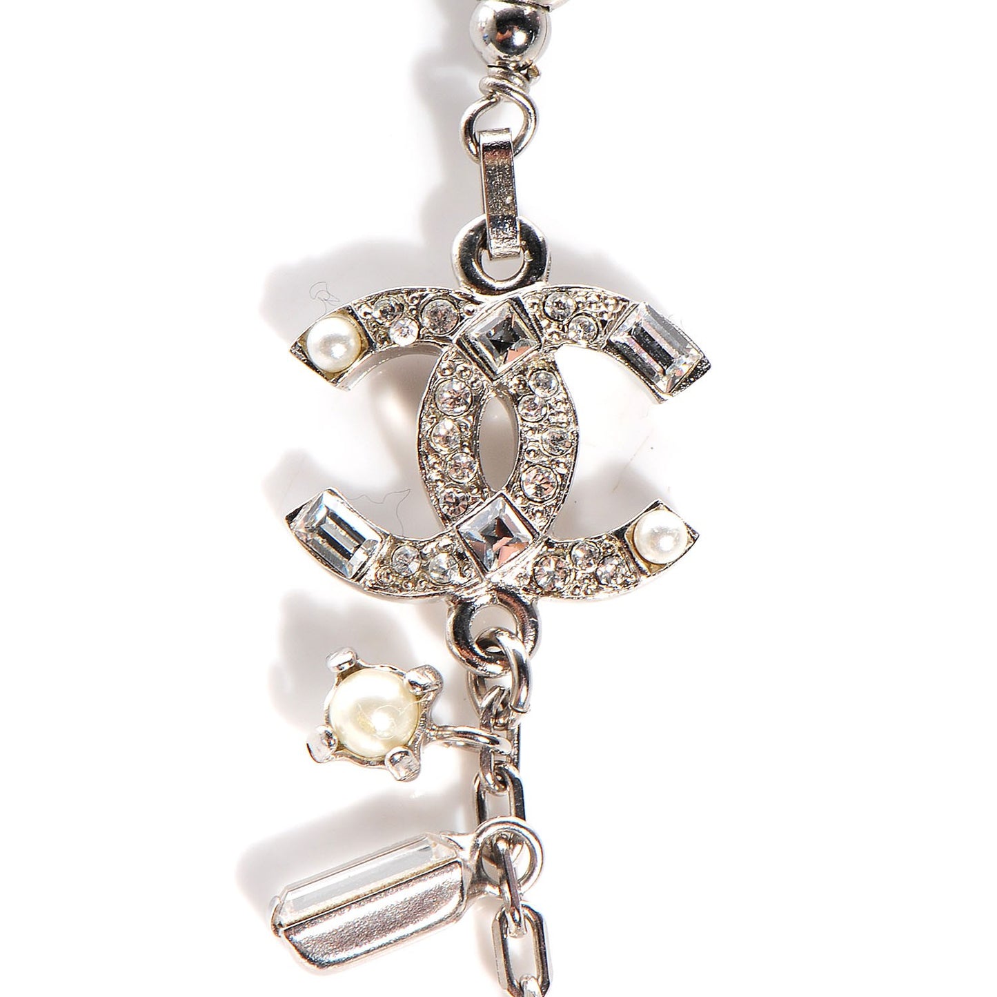 Crystal Pearl CC Long Necklace Silver