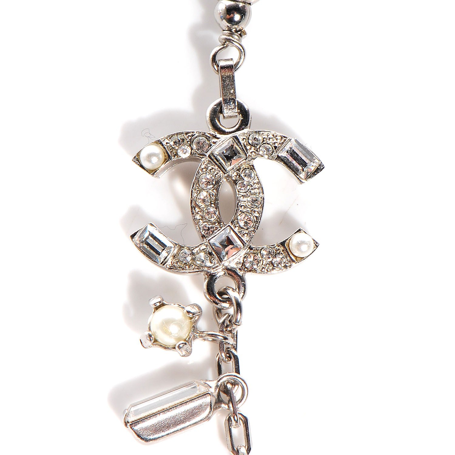 Chanel Crystal Pearl CC Long Necklace Silver 3 of 7