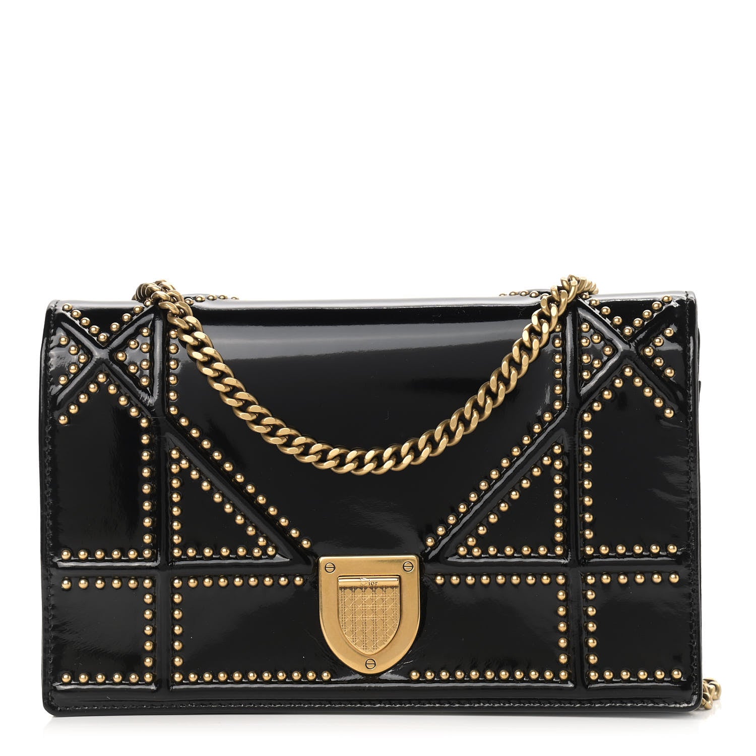Christian Dior Patent Studded Diorama Wallet on Chain Pouch Black 1 of 10