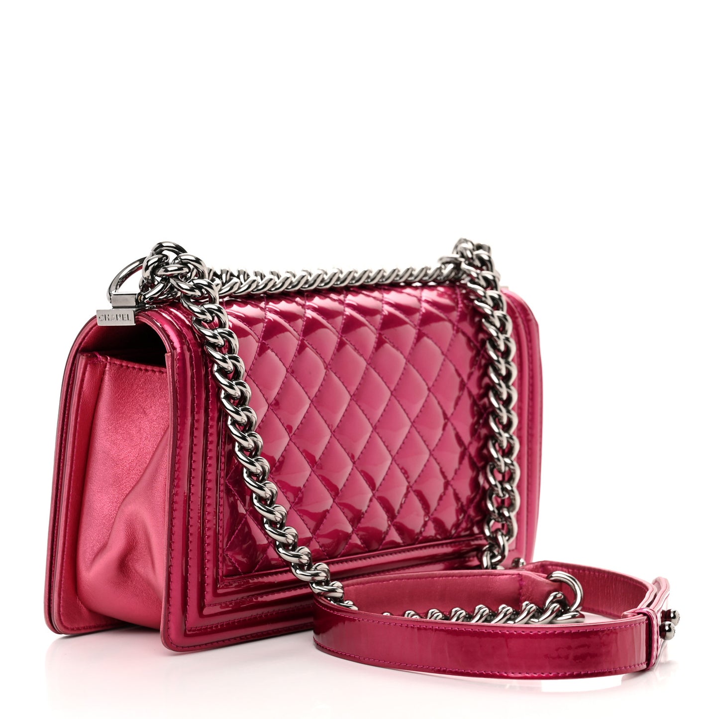 Metallic Patent Calfskin Quilted Medium Boy Flap Pink