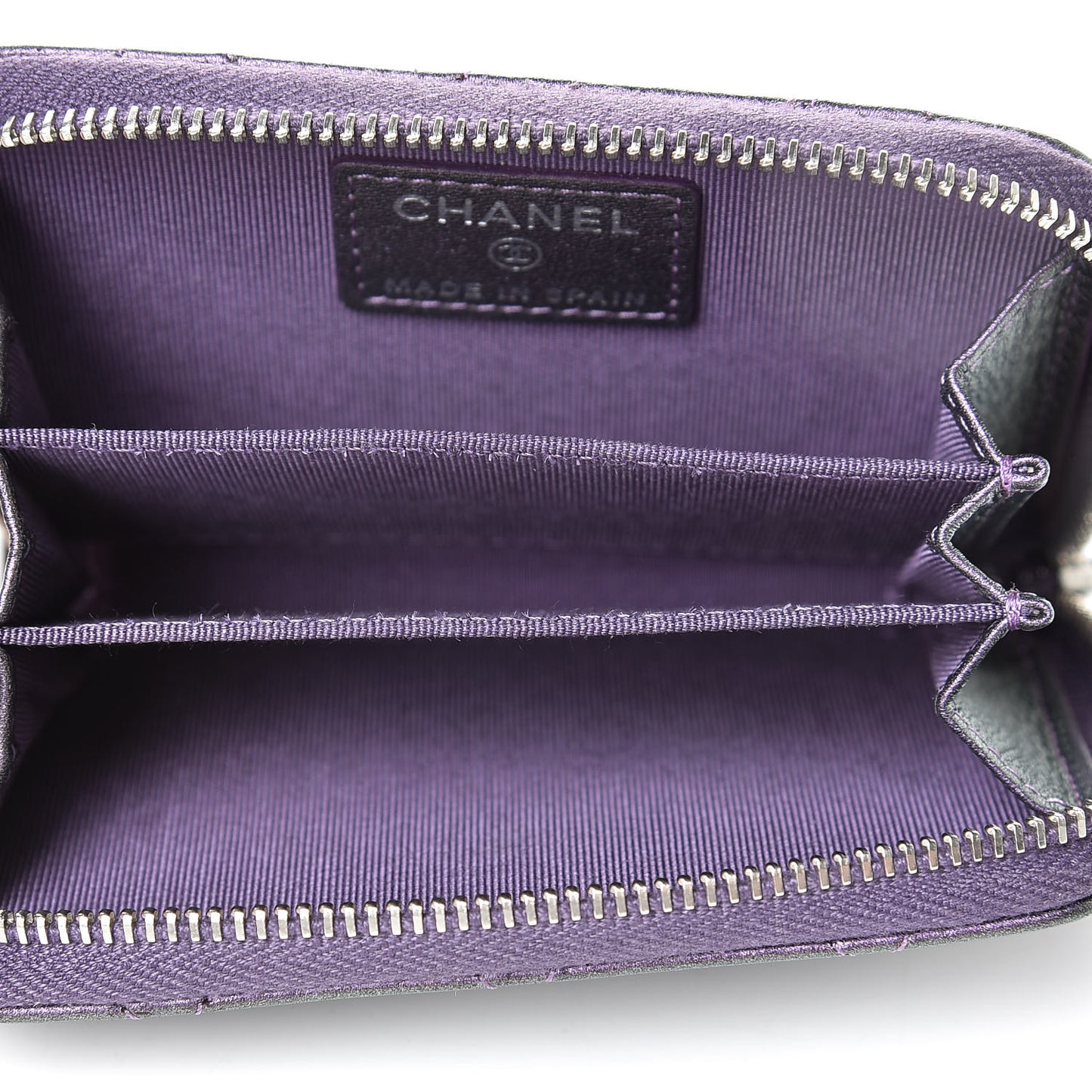 Metallic Lambskin Quilted Zip Around Coin Purse Wallet Purple