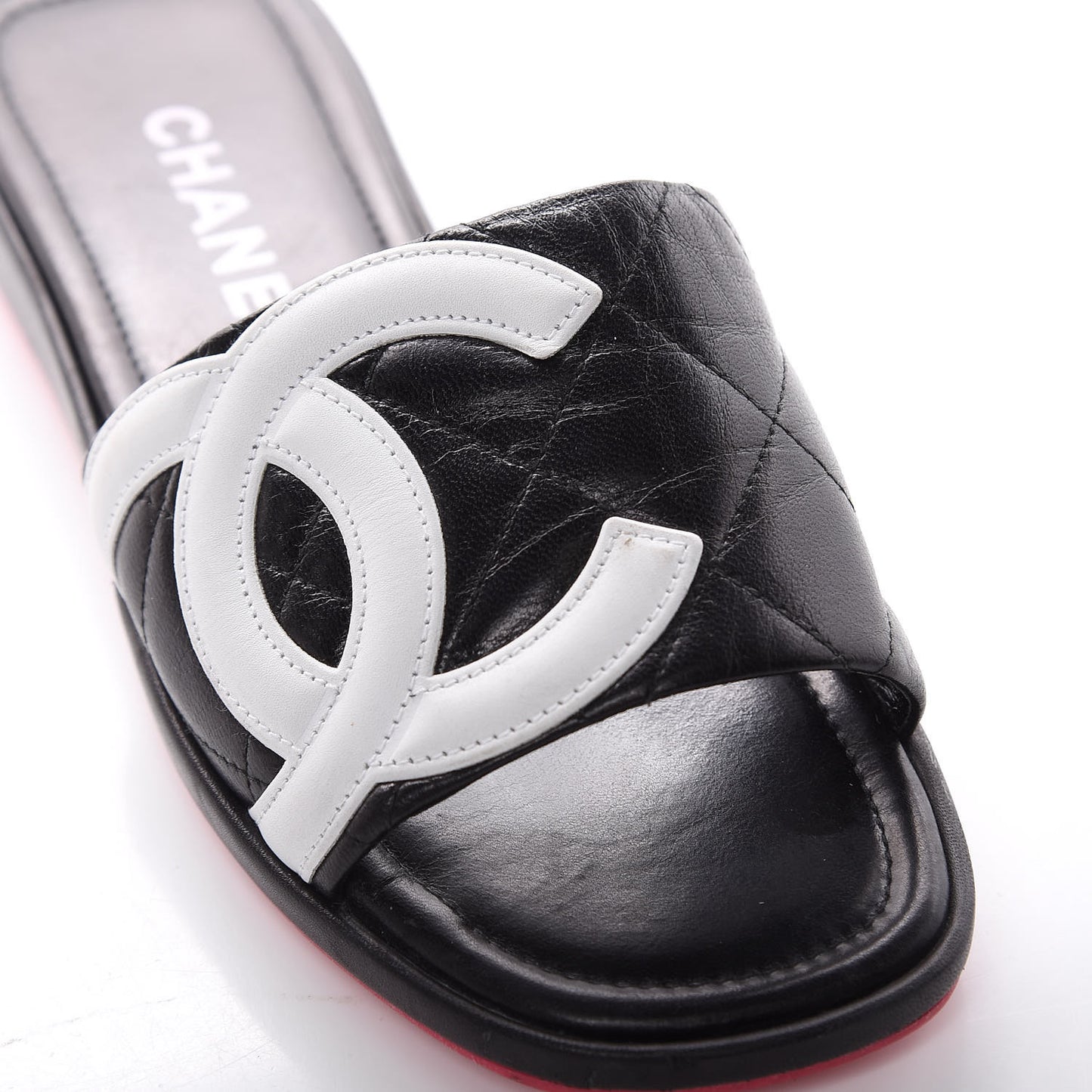 Calfskin Cambon CC Flat Slide Sandals 37.5 Black