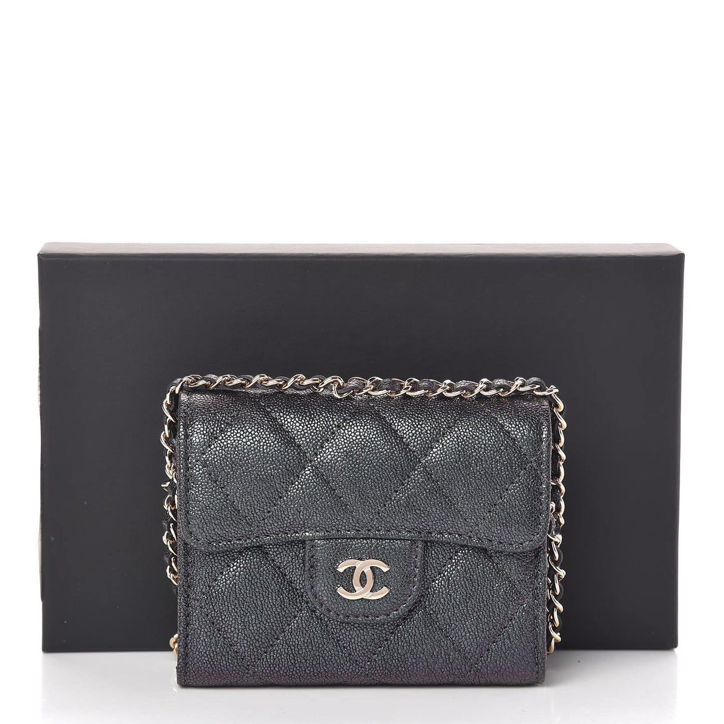 Iridescent Caviar Quilted Flap Card Holder On Chain Black
