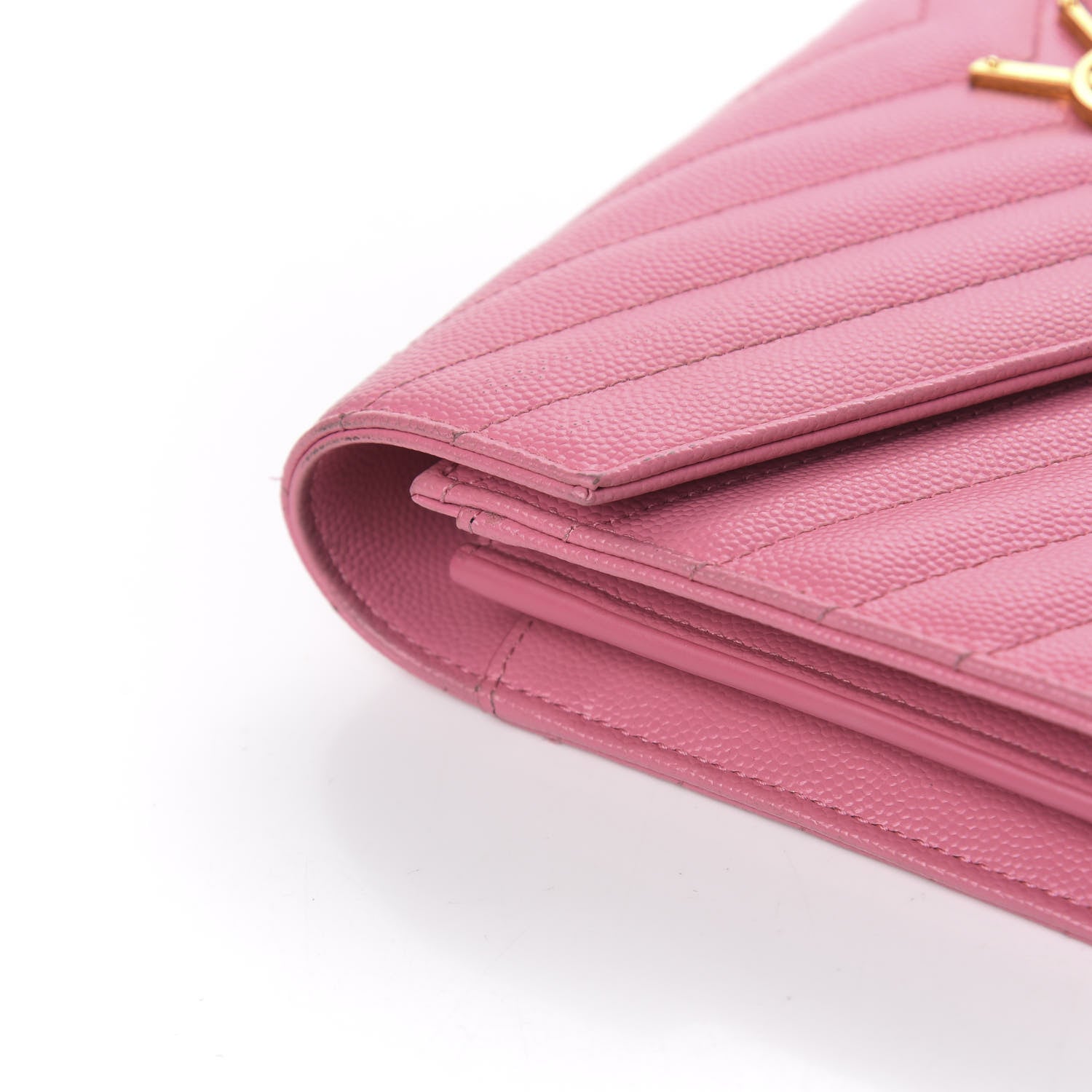 Saint Laurent Grain De Poudre Matelasse Chevron Monogram Chain Wallet Indian Pink 11 of 12