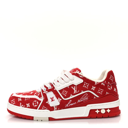 Louis Vuitton Jacquard Velvet Monogram Mens LV Trainer Sneakers 6.5 Red 1 of 10
