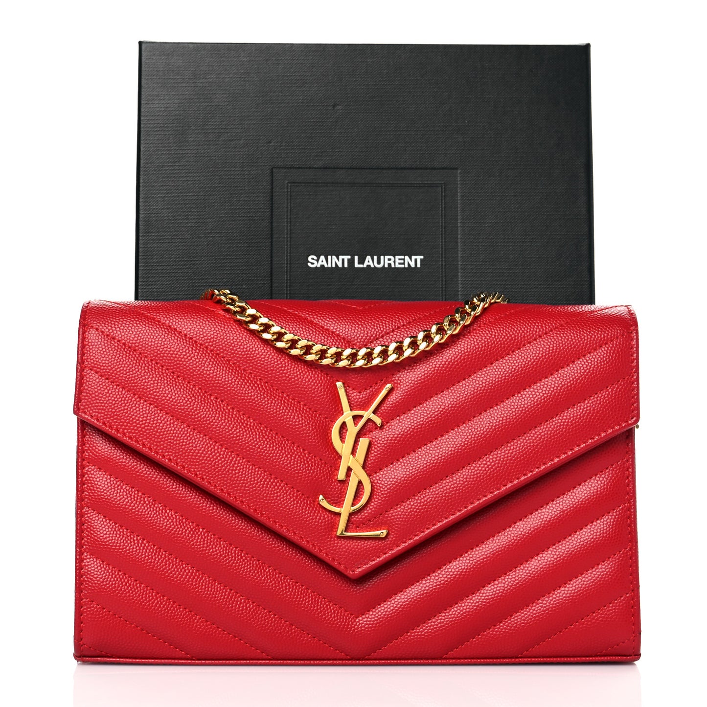 Grain De Poudre Matelasse Chevron Monogram Envelope Chain Wallet New Red