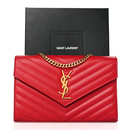Saint Laurent Grain De Poudre Matelasse Chevron Monogram Envelope Chain Wallet New Red 9 of 9