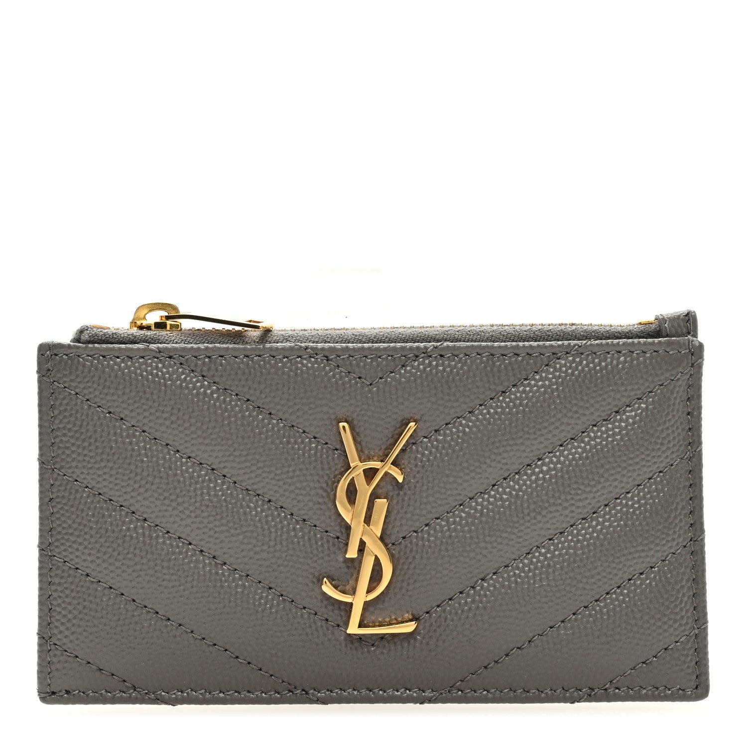 Saint Laurent Grain De Poudre Matelasse Chevron Monogram Fragments Zippered Card Case Fog 1 of 6