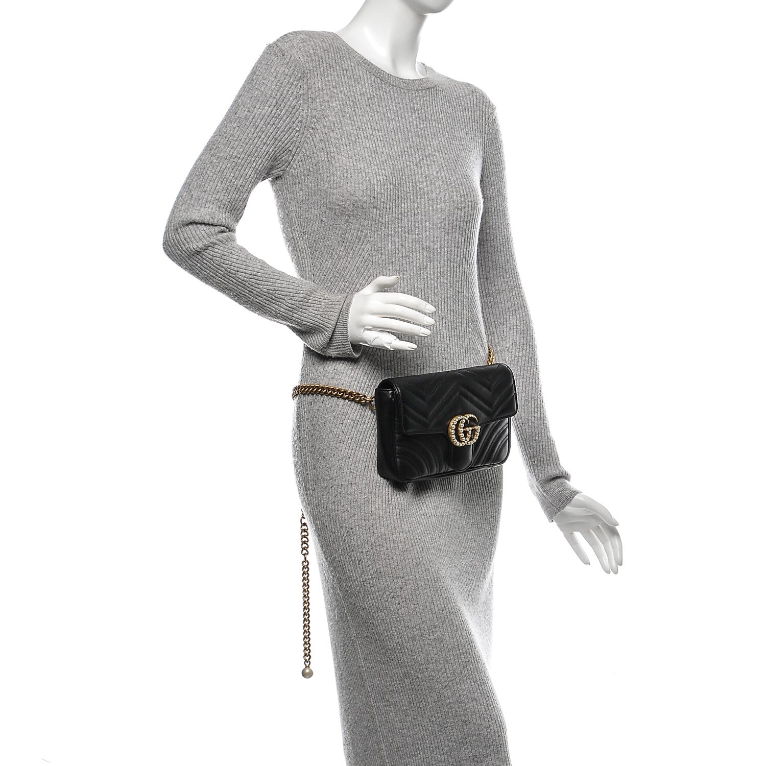 Gucci Calfskin Matelasse Pearly GG Marmont Chain Belt Bag Black 2 of 7