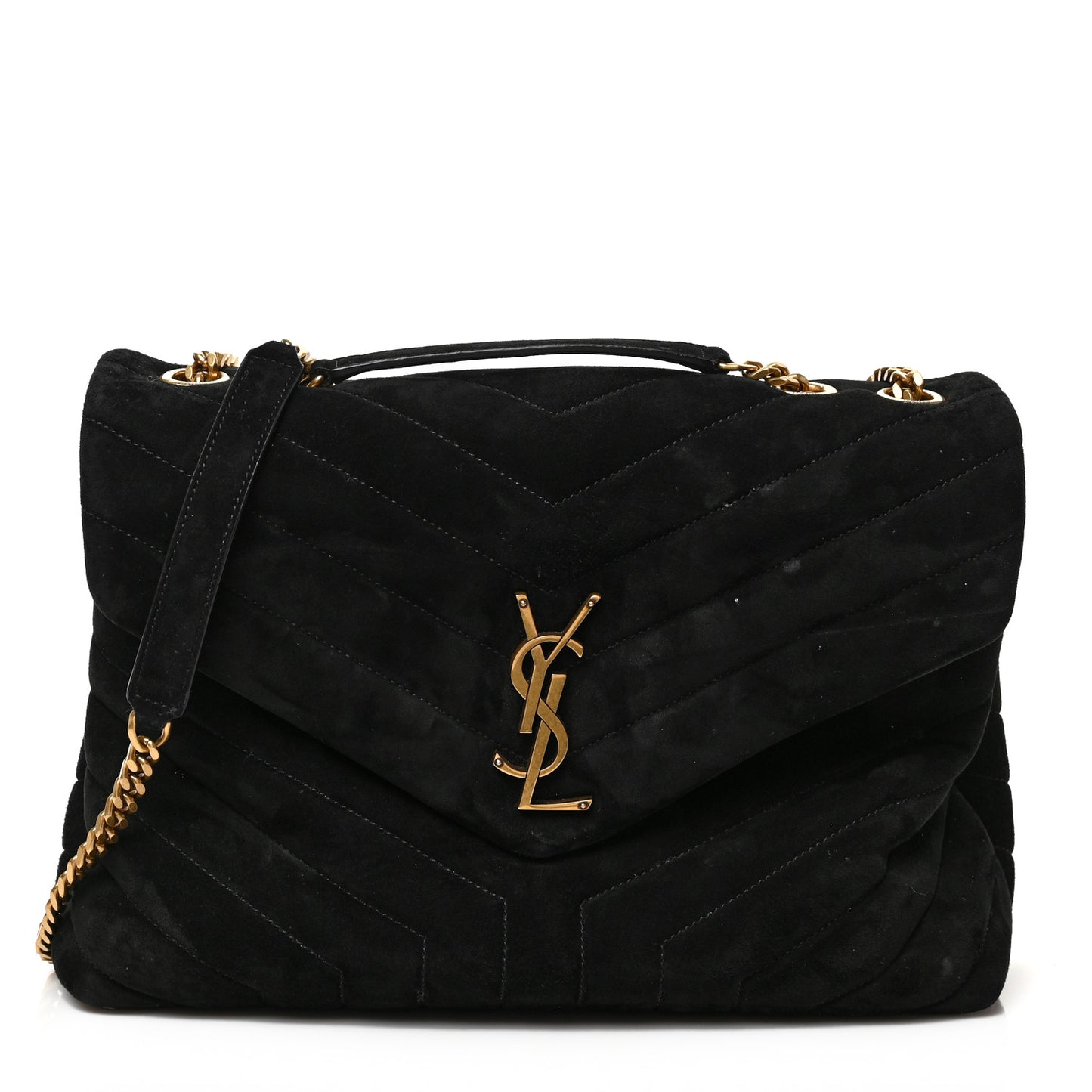 Suede Y Quilted Monogram Medium Loulou Chain Satchel Black
