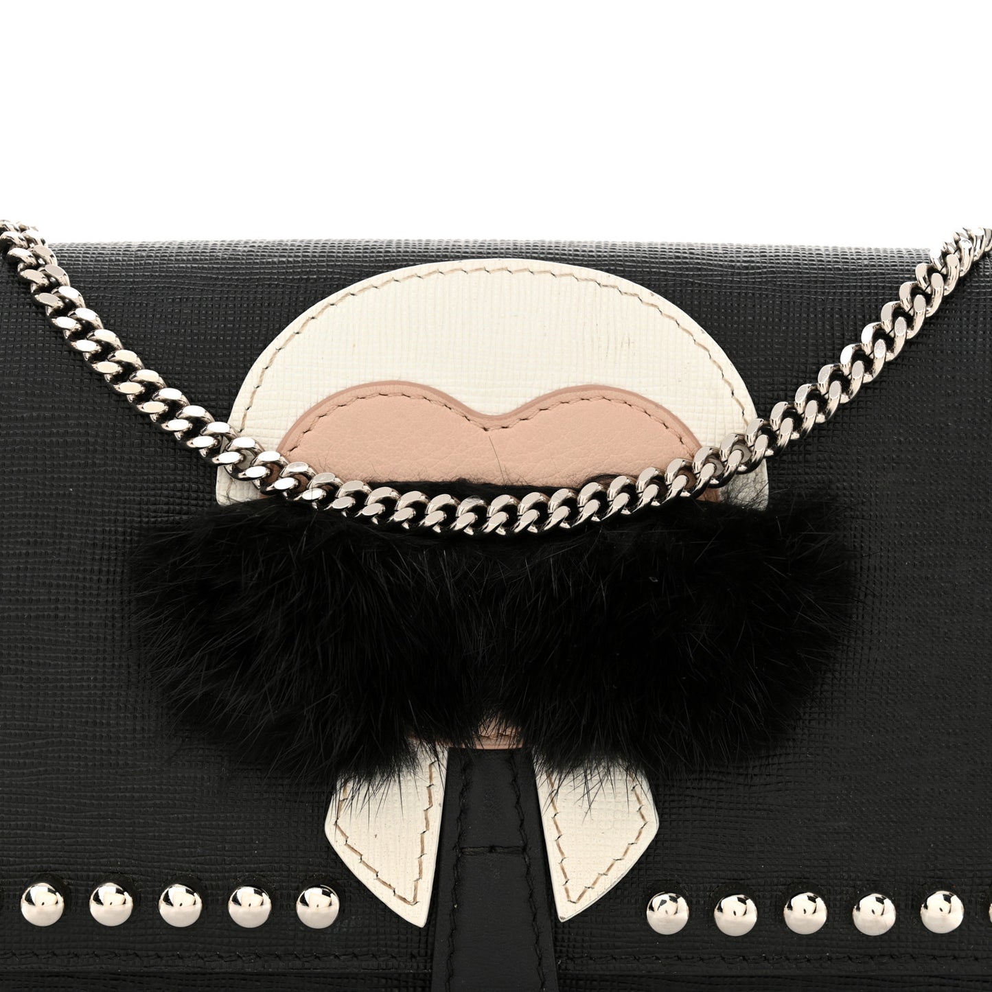Vitello Elite Mink Fur Studded Karlito Tube Wallet on Chain Black