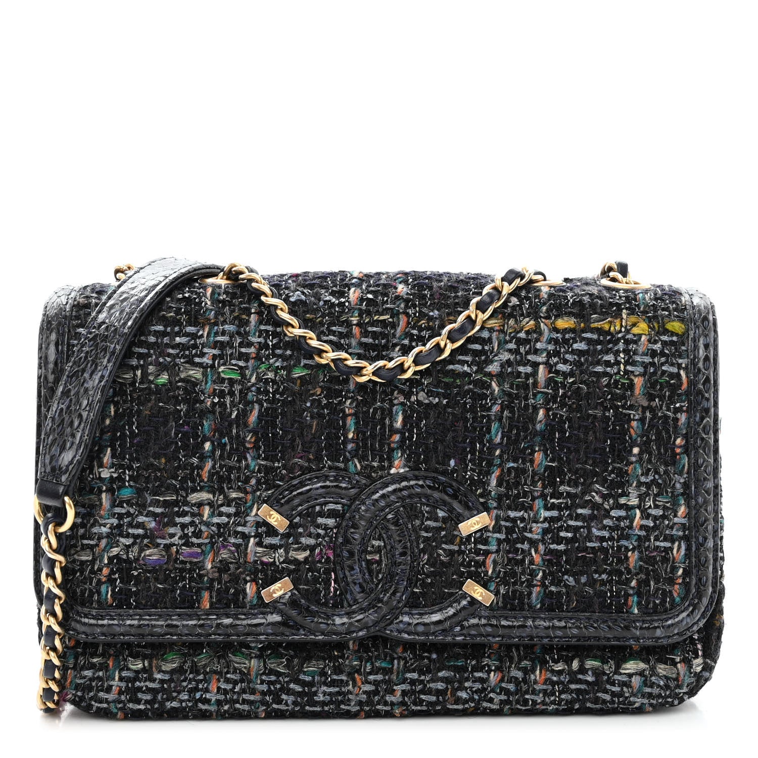 Chanel Tweed Watersnake Quilted Medium CC Filigree Flap Blue 1 of 10