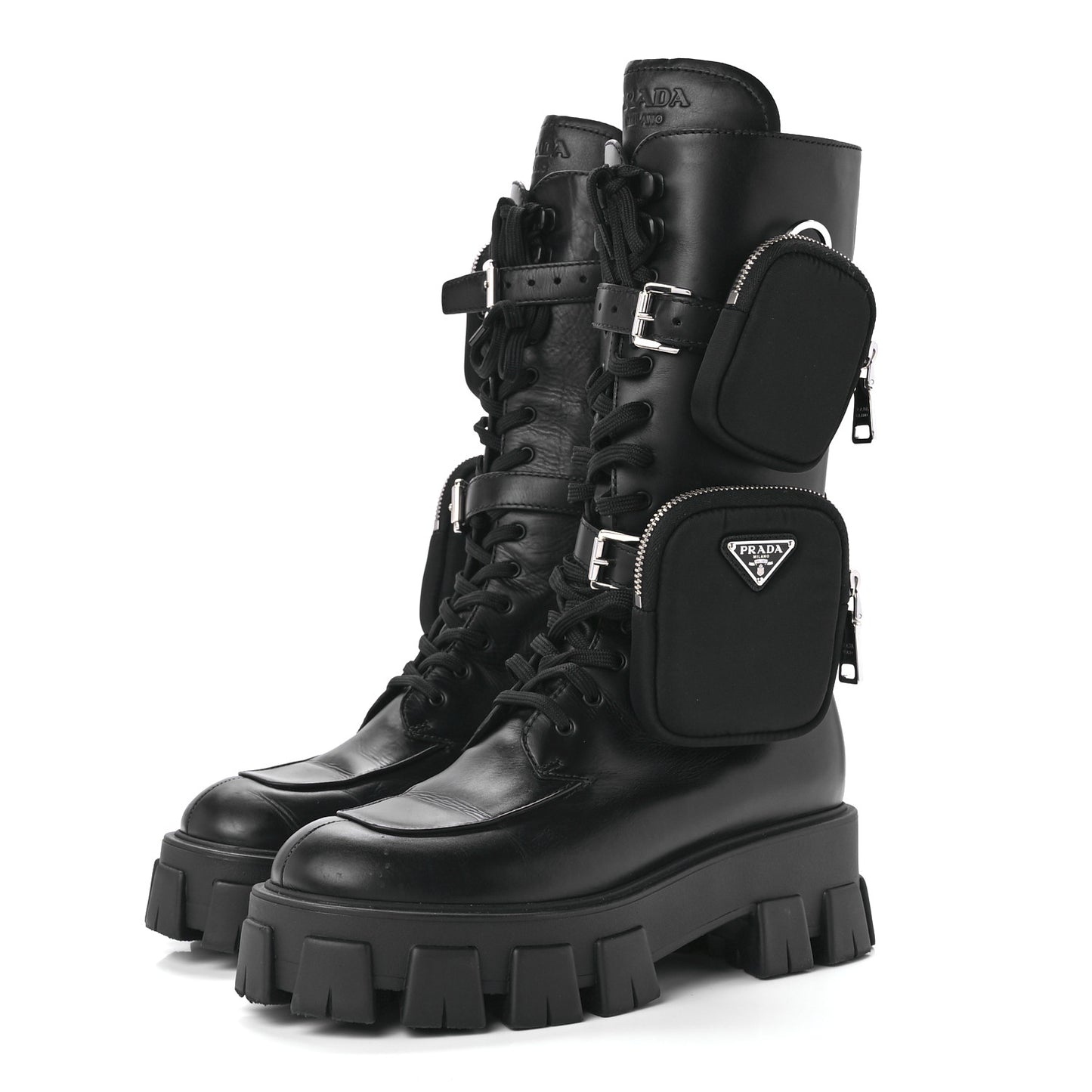 Vitello Lux Nylon Metal Triangle Logo Monolith Pouch Pocket 55mm Tall Combat Boots 40 Black