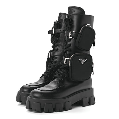 Prada Vitello Lux Nylon Metal Triangle Logo Monolith Pouch Pocket 55mm Tall Combat Boots 40 Black 3 of 10